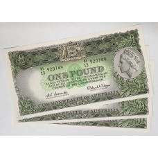 AUSTRALIA 1961 . ONE 1 POUND BANKNOTE . CONSECUTIVE TRIO . COOMBS/ WILSON